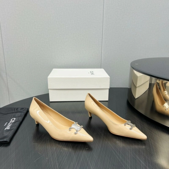 2025 Women Celine Beige Patent Leather Pointed Toe Heel Metal Ornament KFY00290