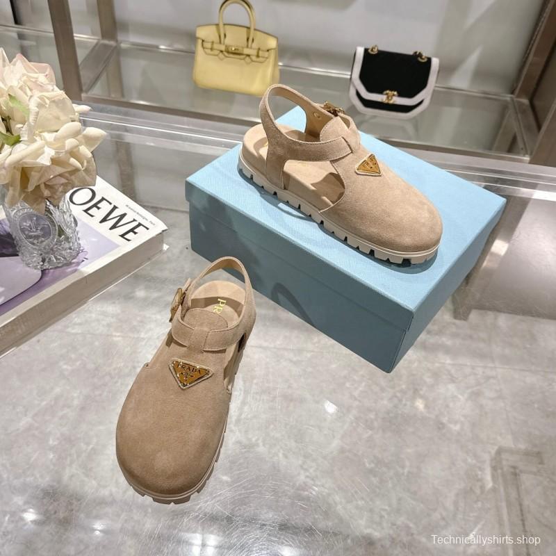 2025 Women Prada Beige Suede Slingback Flat LY00270