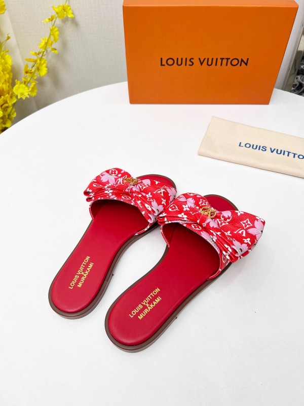 2025 Women Louis Vuitton Red White Canvas Slippers LY00190