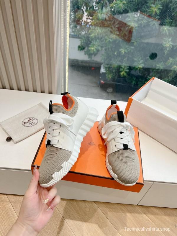 2024 Unisex Hermès Beige Orange Calfskin Suede Sneakers MJ00290(F/W)