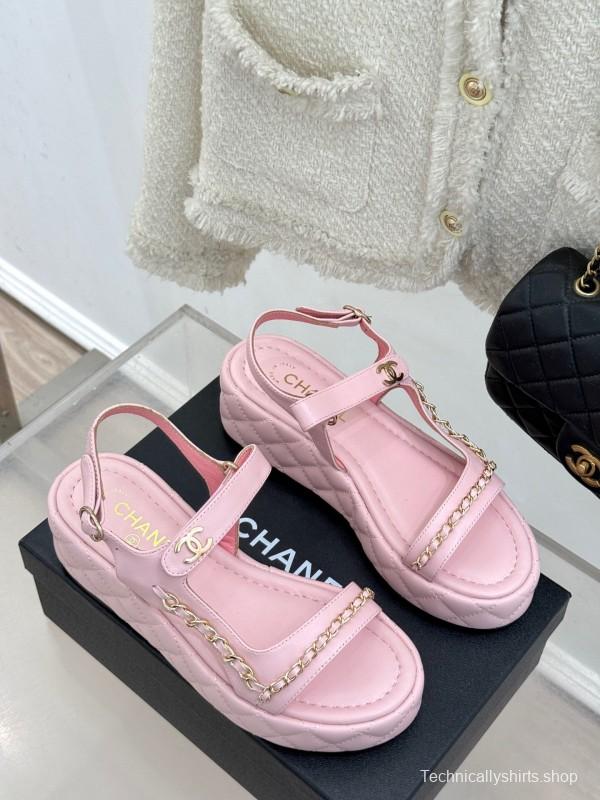 2025 Women Chanel Pink Lambskin Platform Sandals Chain Decoration
