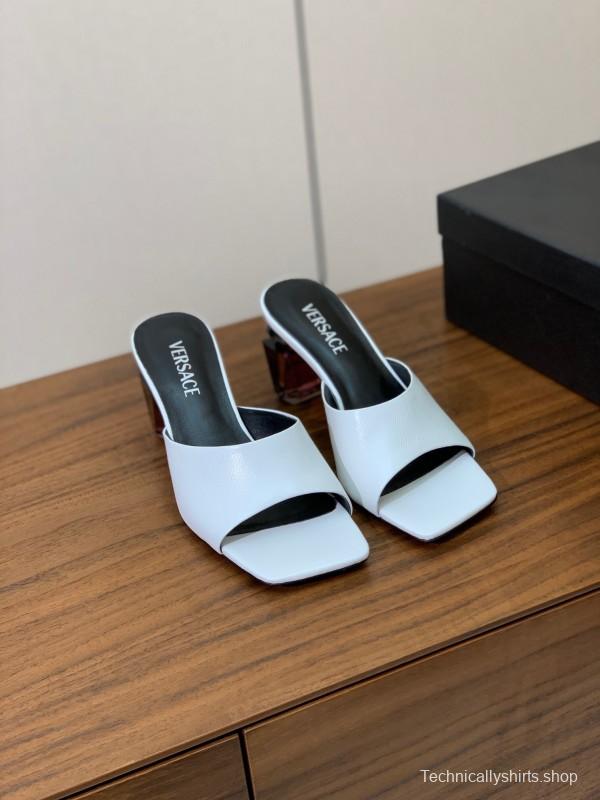 2025 Women VERSACE White Leather Slippers