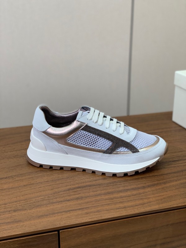 2025 Women Brunello Cucinelli White Silver Mesh Leather Sneakers