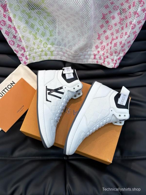 2024 Men Louis Vuitton White Black Leather High-Top Sneakers MJ00420