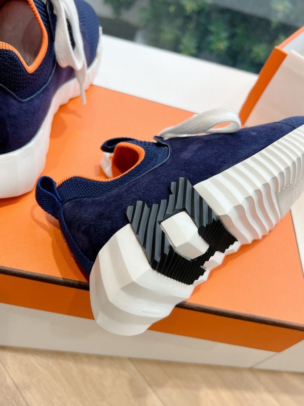 2024 Unisex Hermès Navy Brown Calfskin Suede Knit Sneakers MJ00290