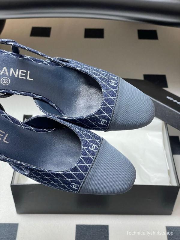 2025 Women Chanel Blue Denim Leather Sling-back Heels