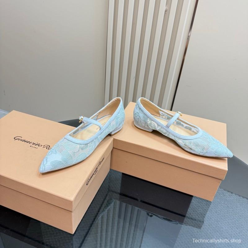 2025 Women Gianvito Rossi Light Blue Lace Leather Mary Jane KFY00260