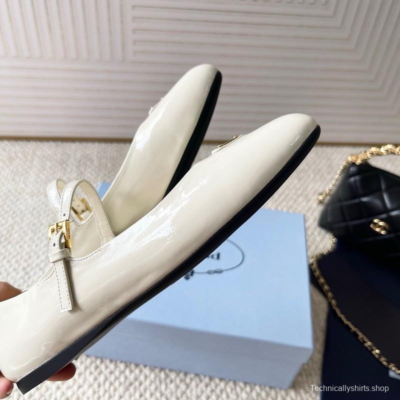 2025 Women Prada White Patent Leather Mary Jane Flat Shoes
