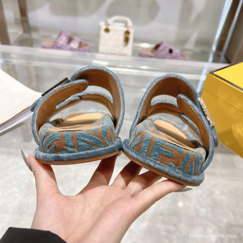2025 Fendi Blue Beige Fabric Leather Slippers KFY00250