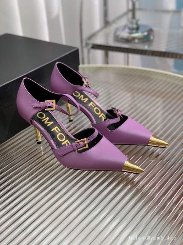 2025 Women TOM FORD Purple Gold Leather Pointed Toe Heels KFY00320