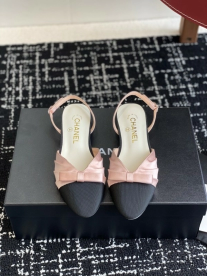 2025 Women Chanel Pink Black Silk Leather Sandals Satin Bow KFY00289