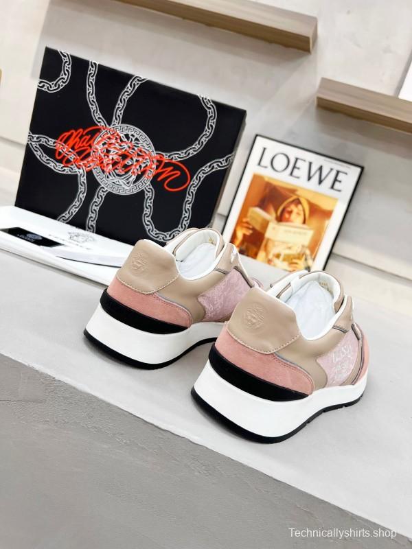 2025 Women VERSACE Pink Beige Suede Leather Sneakers Embroidery LY00320