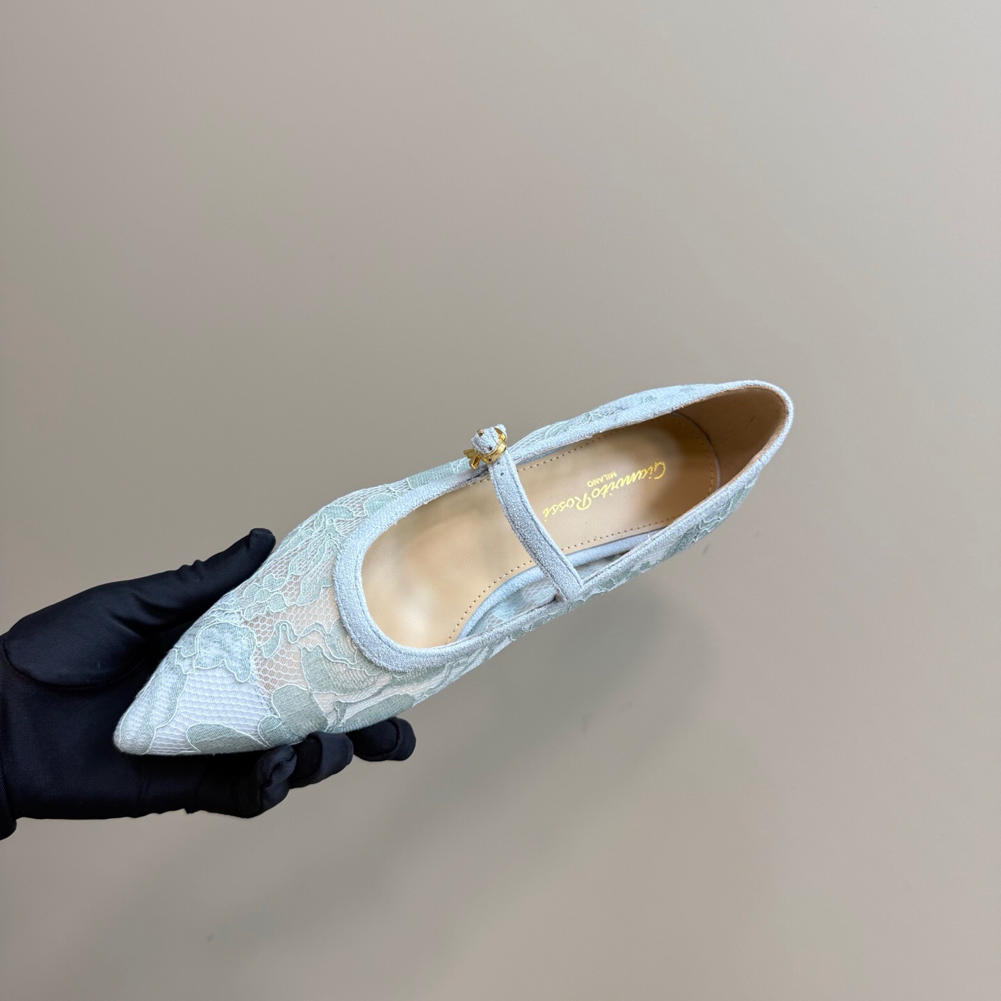 2025 Women Gianvito Rossi Light Blue Lace Leather Mary Jane KFY00260