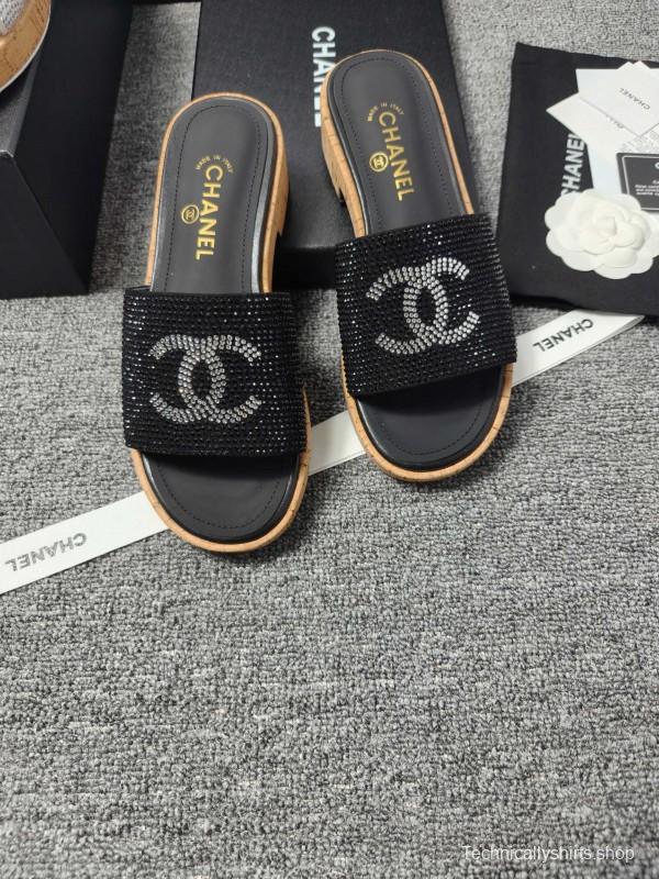 2025 Slippers Chanel Black Crystal Women