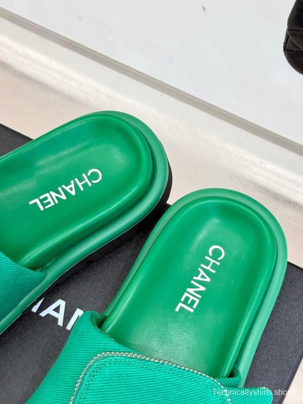 2025 Slippers Chanel Green Canvas Women Slippers KFY00220