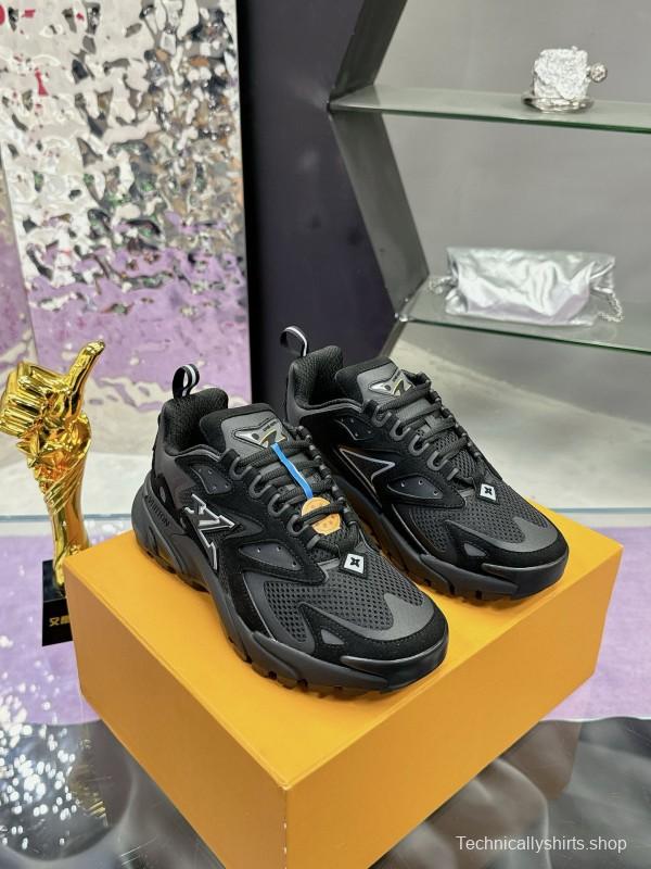 2025 Men Louis Vuitton Black Mesh Leather Sneakers MJ00420
