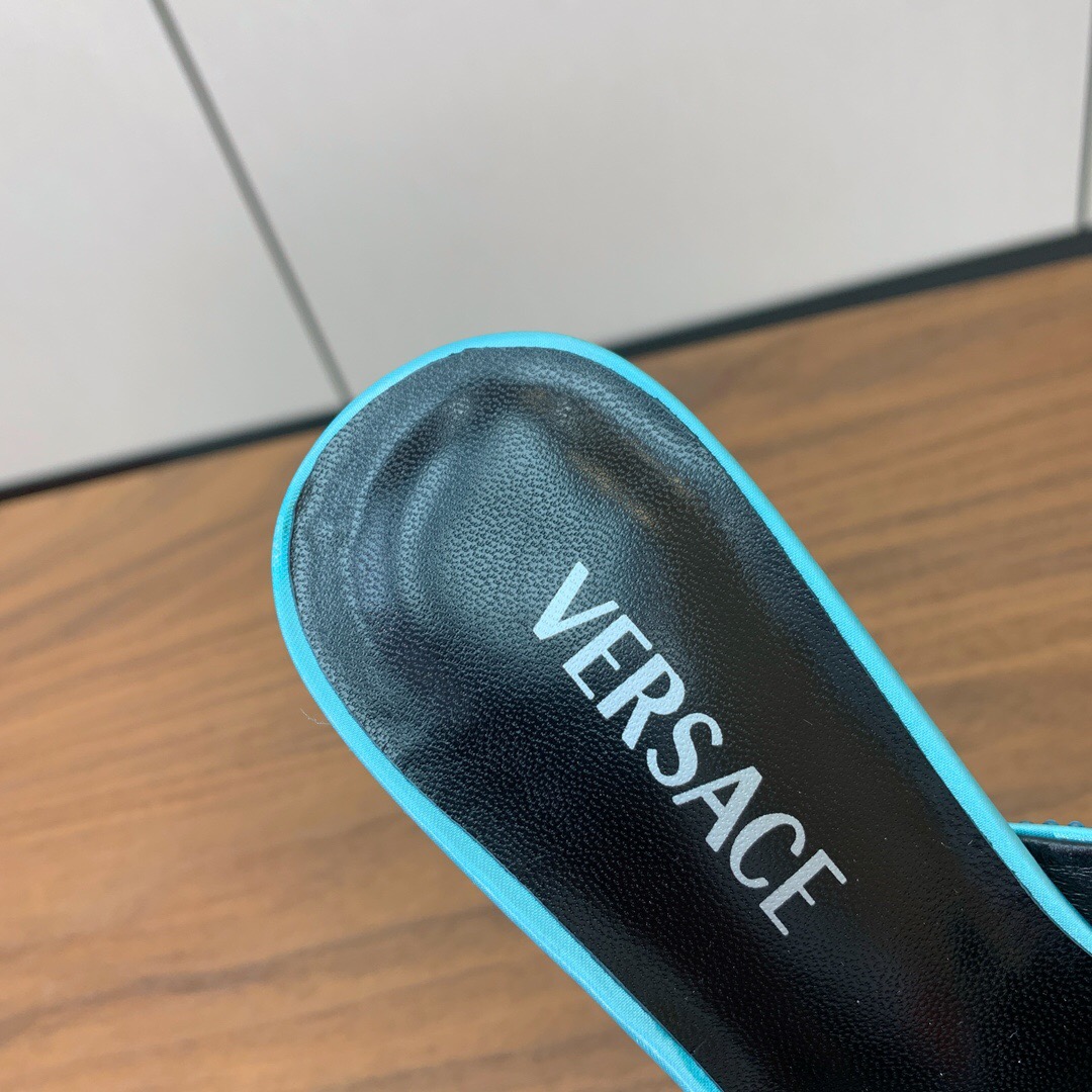 2025 Women VERSACE Blue Leather Slippers