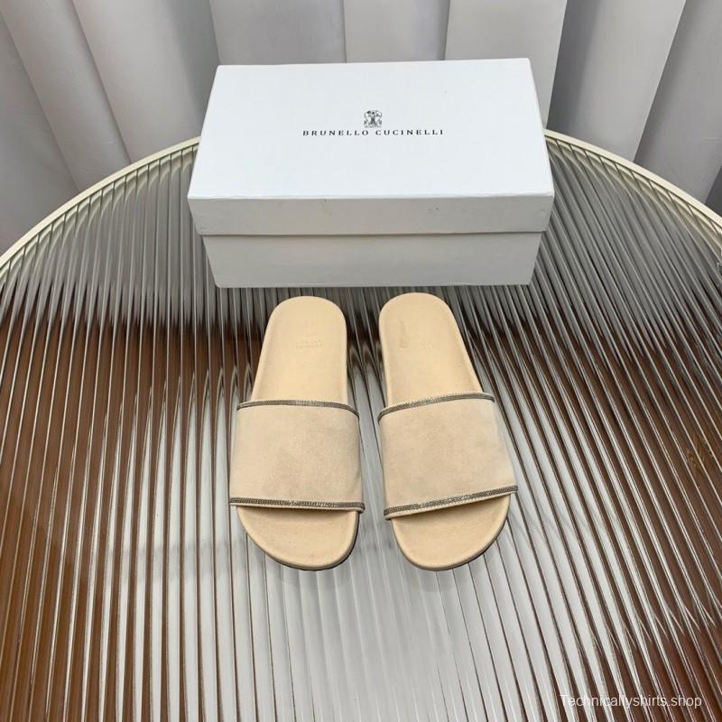 2025 Women Brunello Cucinelli Beige Suede Flat Slide Sandals Handmade Detailing KFY00240 (F)