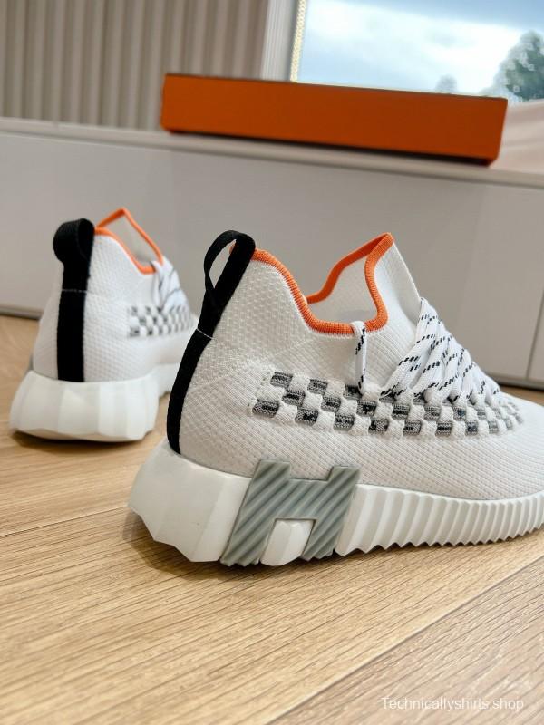 2024 Unisex Hermès White Grey Orange Calfskin Suede Knit Sneakers MJ00290(F/M)