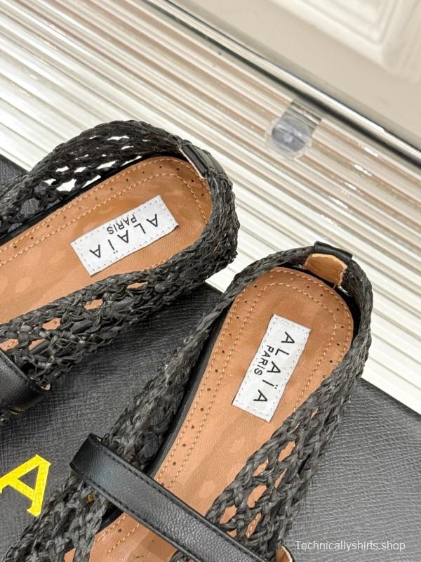 2025 Women AlAIA Black Leather Woven Mary Jane