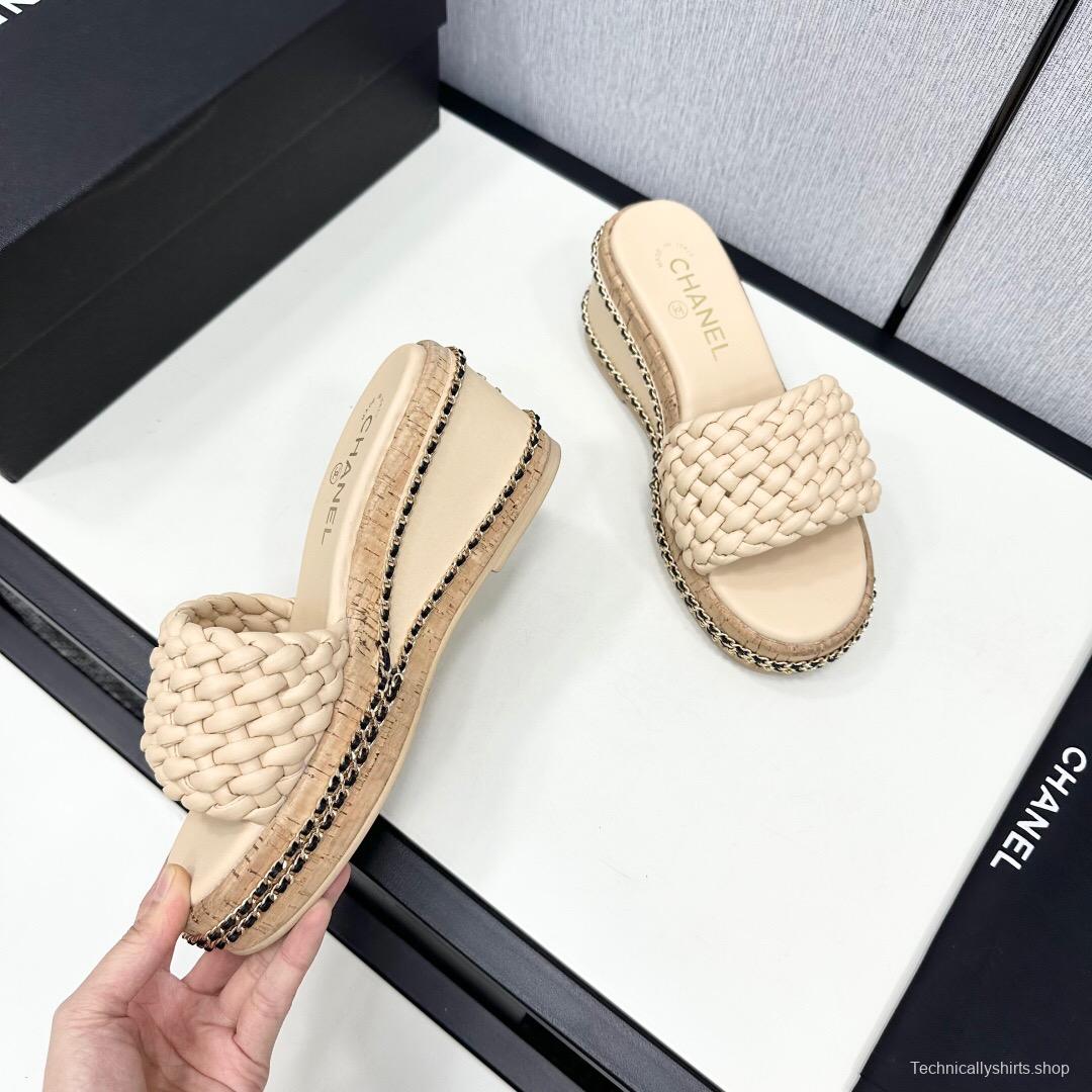 2025 Women Chanel Beige Leather Wedge Sandals