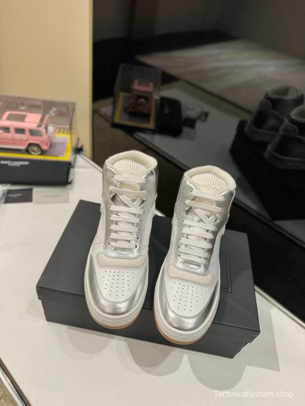 2024 Unisex Yves Saint Laurent White Silver Leather High Top Sneakers MJ00390