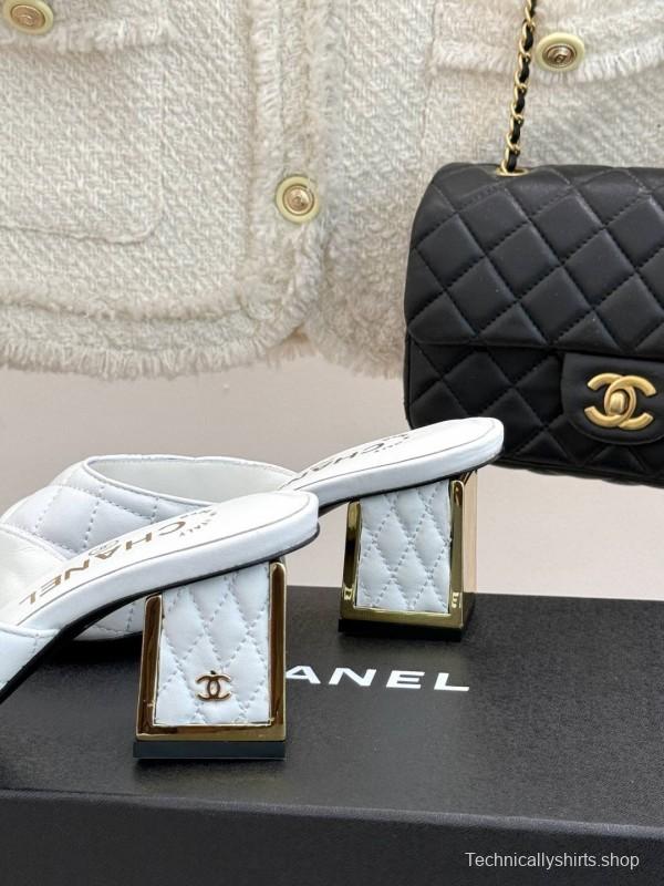 2025 Women Chanel White Lambskin Quilted Heeled Slippers