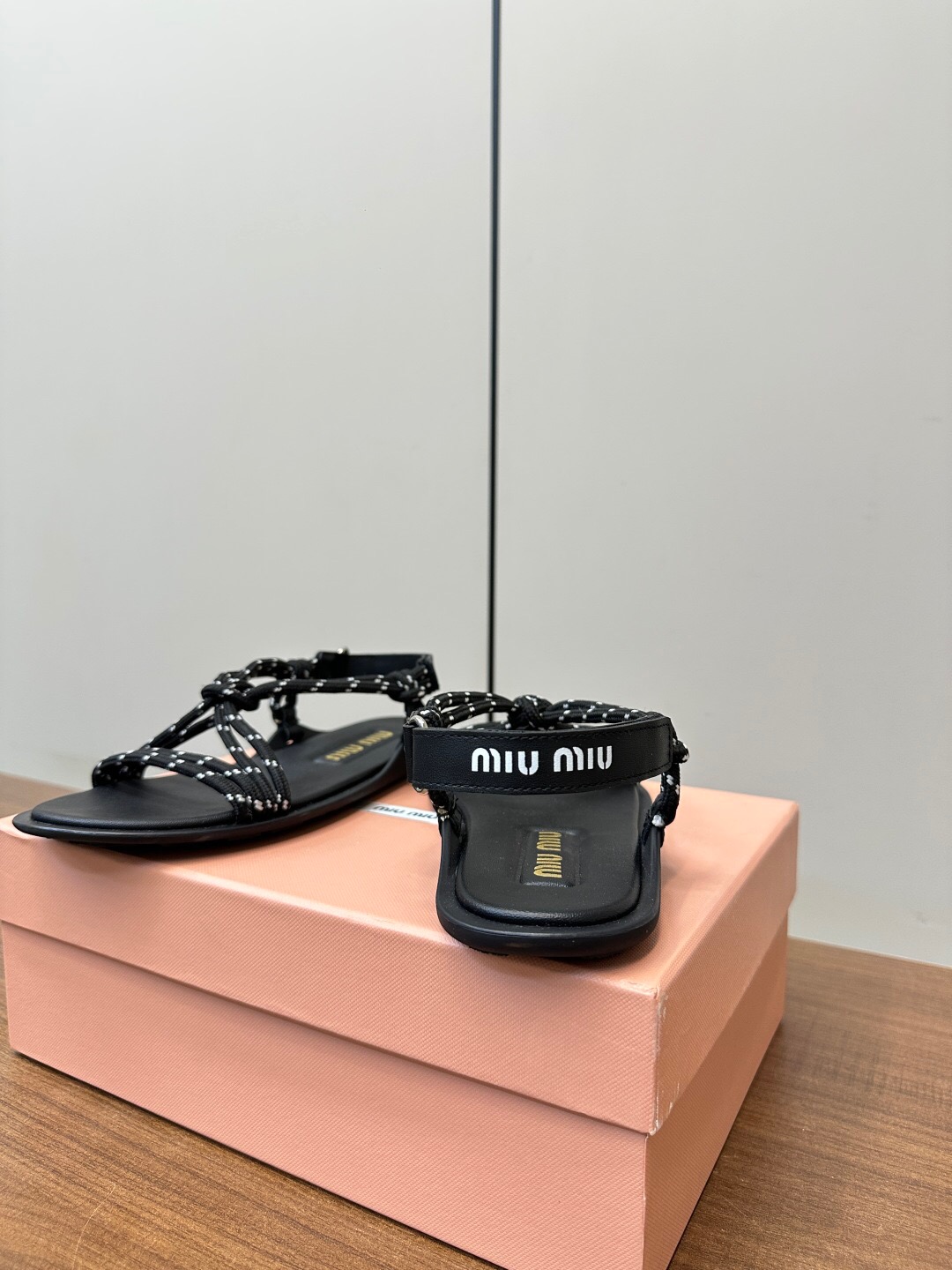 2025 Women Miu Miu Black Leather Rope Sandals