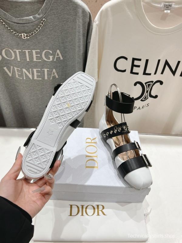 2025 Women Dior White Black Leather Mary Jane Buckle Ballerina KFY00320