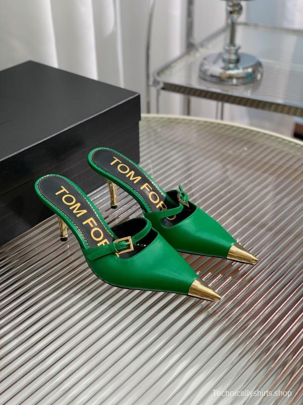 2025 Women TOM FORD Green Gold Leather Pointed Toe Mules KFY00300