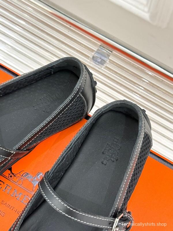 2025 Women Hermès Black Mesh Leather Mary Jane