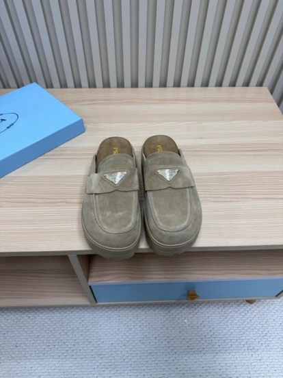2025 Women Prada Khaki Suede Platform Loafers