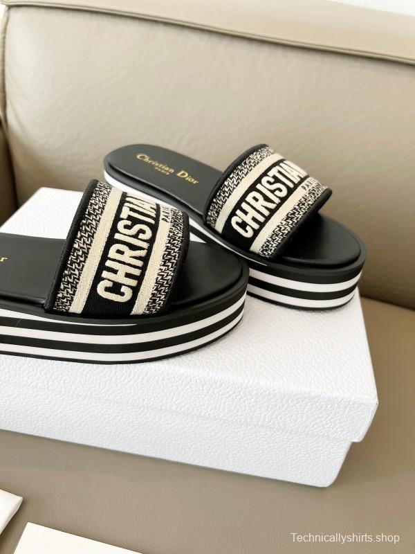 2025 Women Dior Black White Canvas Platform Sandals
