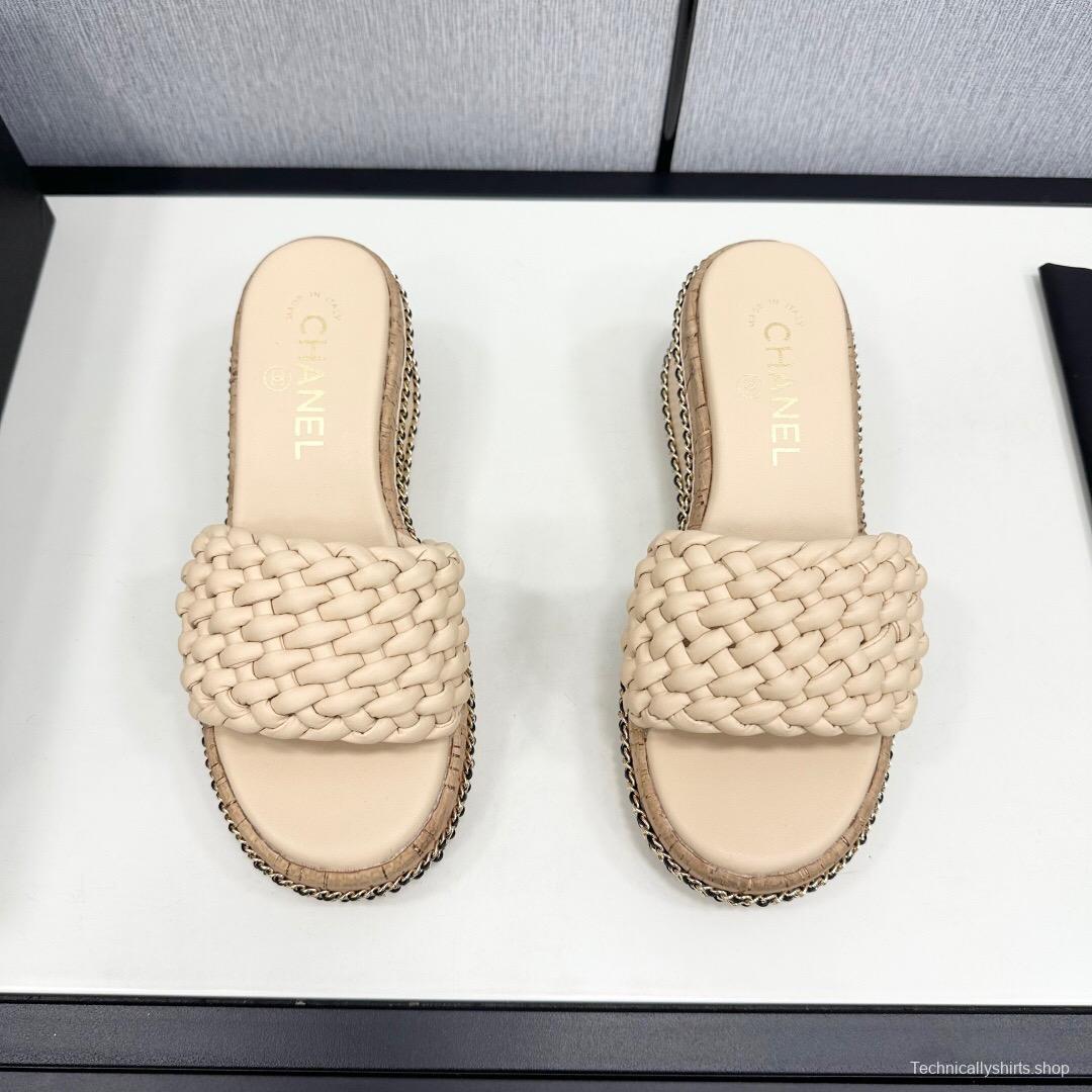 2025 Women Chanel Beige Leather Wedge Sandals