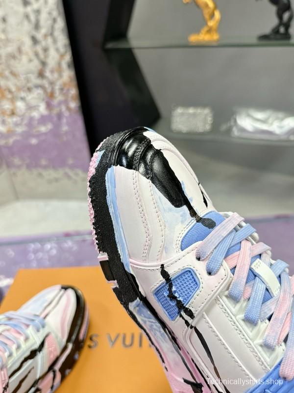 2024 Unisex Louis Vuitton Pink Blue Black Leather Denim Plimsolls Hand-Painted MJ00780