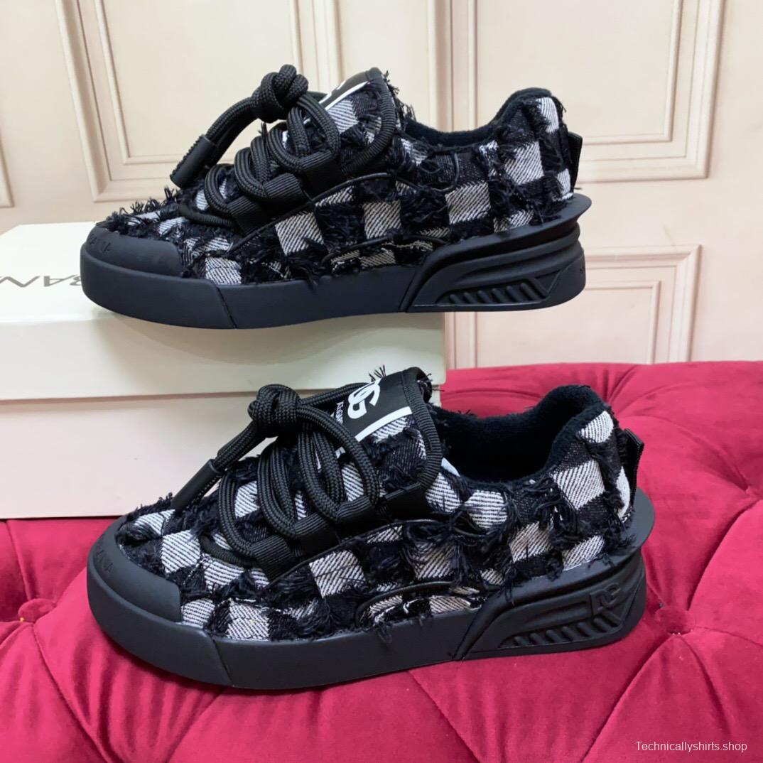 2025 Unisex Dolce & Gabbana Black White Fur Canvas Sneakers