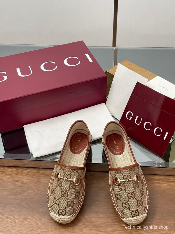 2025 Women Gucci Brown Canvas Leather Loafers Horsebit LY00200