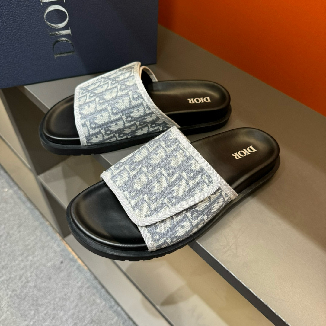 2024 Dior Black Grey Fabric Slippers MJ00180