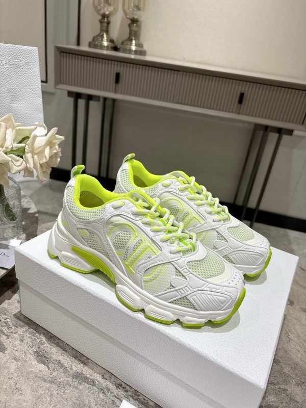 2025 Women Dior White Neon Yellow Mesh Leather Sneakers KFY00370