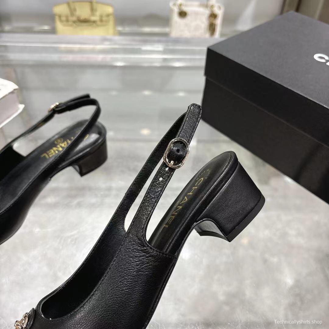 2025 Women Chanel Black Leather Slingback Pumps LY00300
