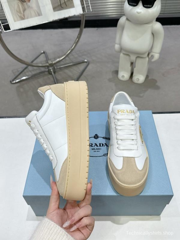 2025 Women Prada White Beige Leather Suede Sneakers