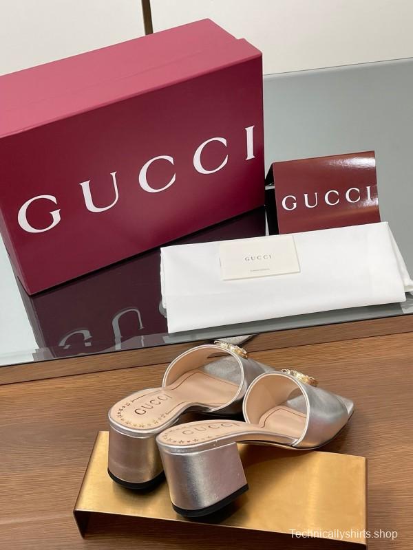 2025 Women Gucci Gold Leather Mules GG Emblem LY00280