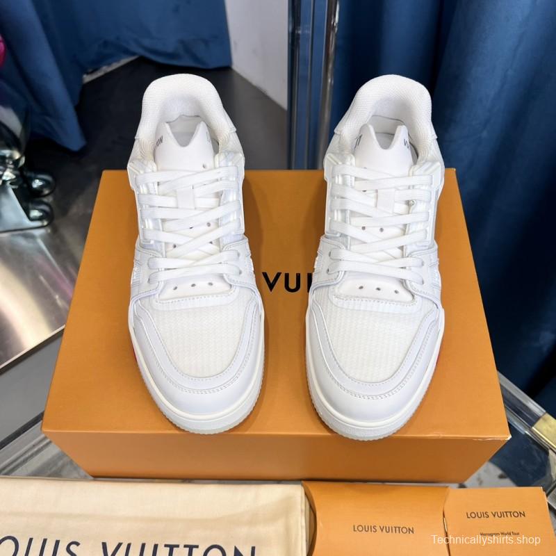 2025 Unisex Louis Vuitton White Calf Leather Mesh Trainer TPU Plimsolls Goodyear Welt