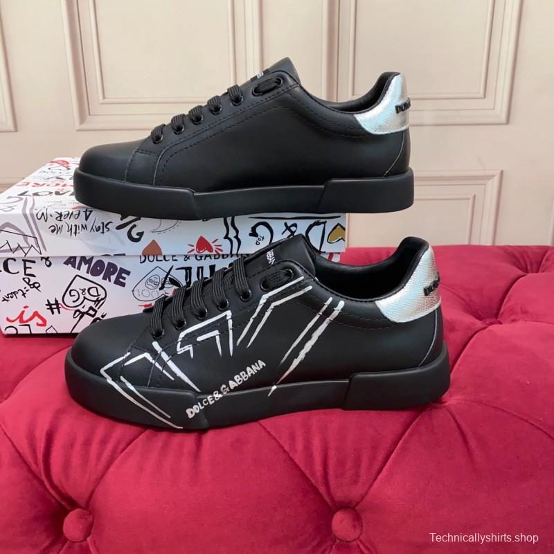 2025 Men Dolce & Gabbana Black Silver Leather Sneakers