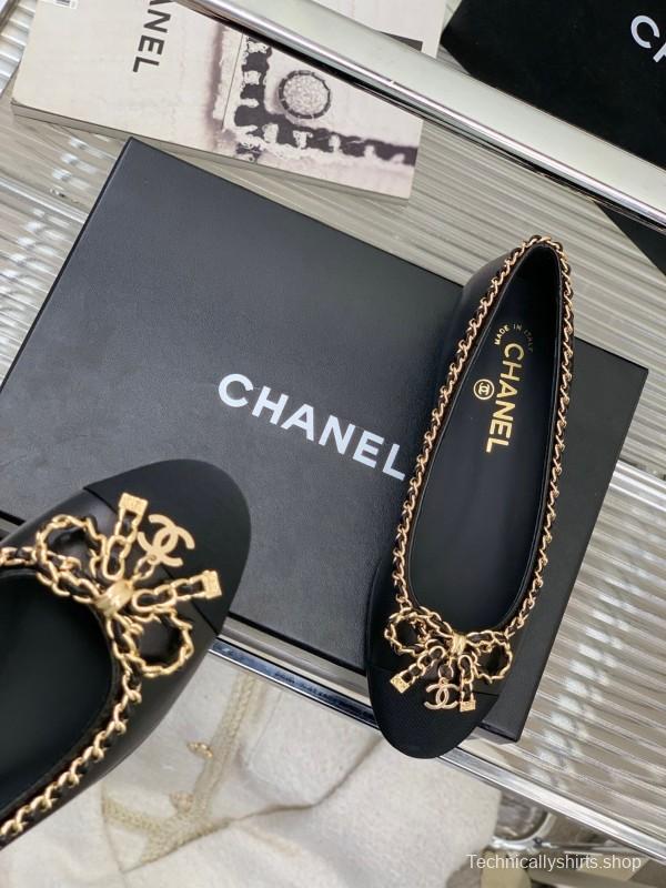 2025 Women Chanel Black Gold Leather Ballet Flats