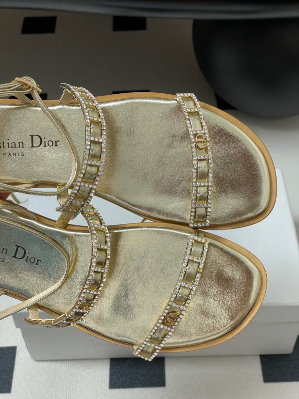 2025 Women Dior Gold Leather Sandals Crystal Embellishment
