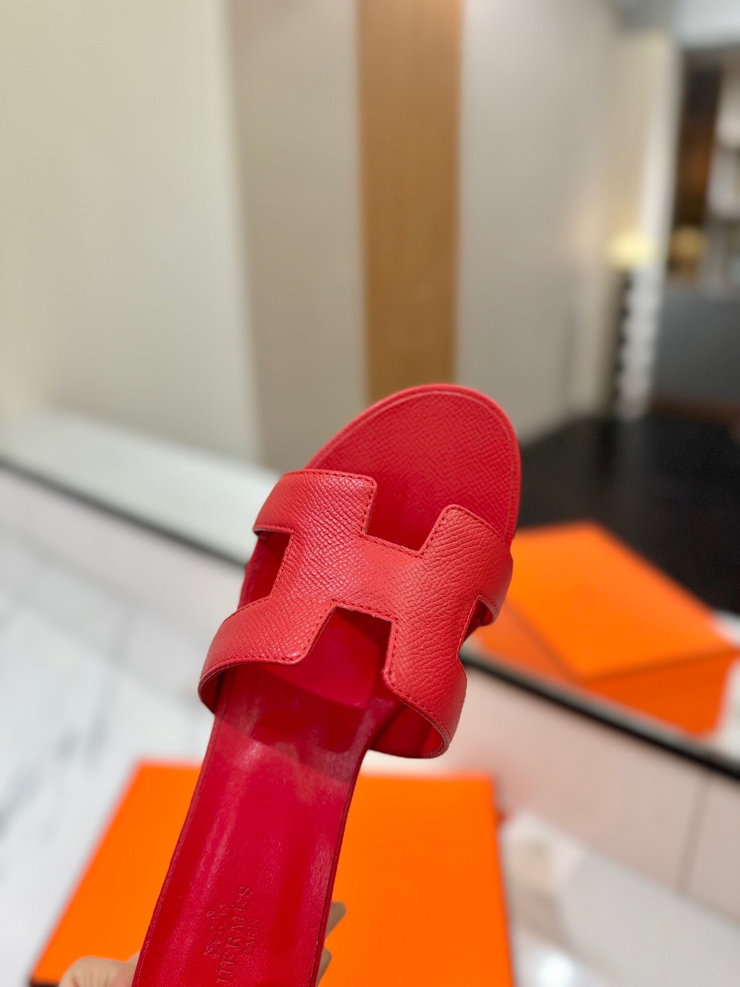 2025 Women Hermès Red Leather Slides