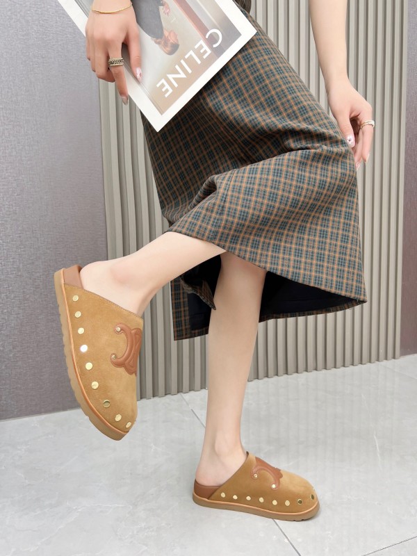 2025 Slippers Celine Brown Suede Leather Slippers LY00240