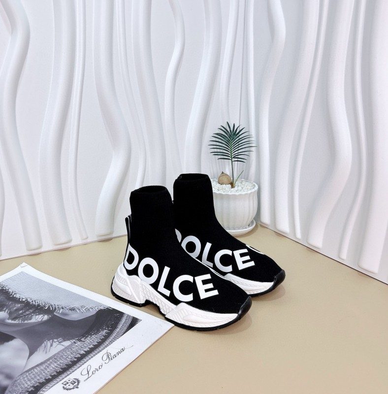 2024 Kids Dolce & Gabbana Black White Pink Knit Fabric Sneakers
