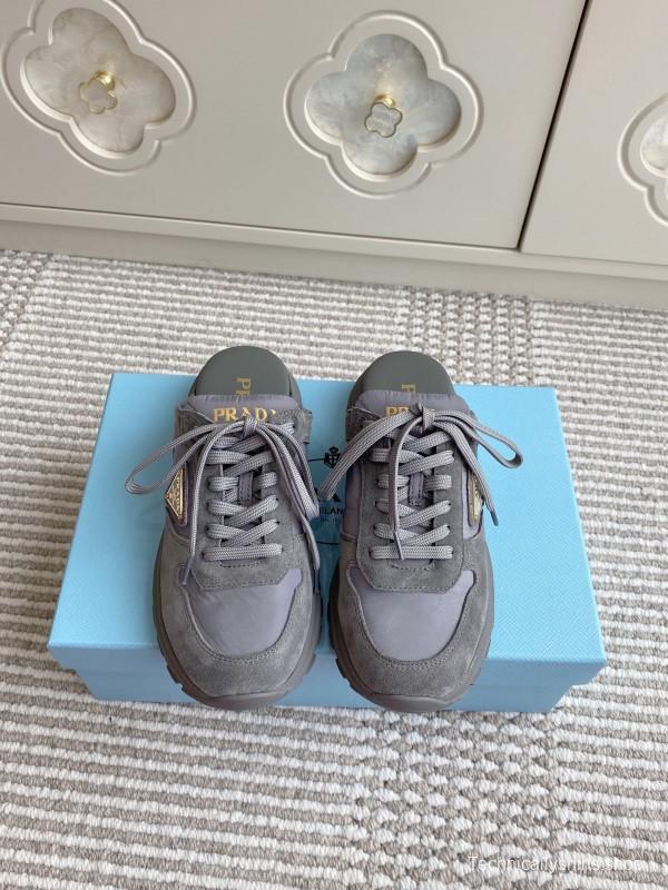 2025 Women Prada Grey Suede Nylon Sneakers LY00290